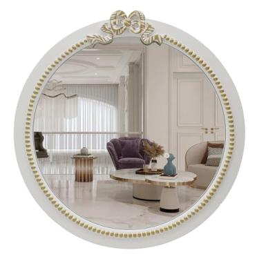 Imagem de Espelho de parede redondo vintage 59,9 cm espelho de madeira para decoração de parede, espelhos decorativos de banheiro branco antigo, decoração de arco de casa de arte tradicional para penteadeira