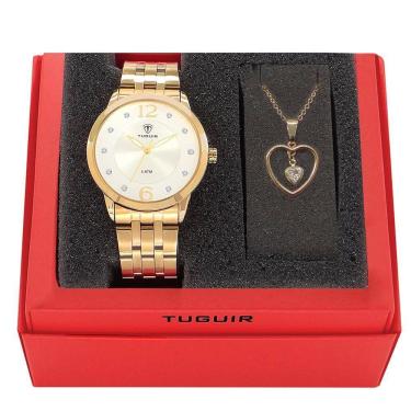 Imagem de Kit Relógio Feminino Tuguir Analógico W2122 Dourado E Prata