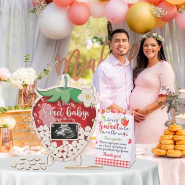 Imagem de 64 peças A Berry Sweet Baby is on the Way Livro de Hóspedes de Chá de Bebê Alternativo Placa de Convidado de Madeira Morango com Moldura de Fotos de Sonograma Lembrança de Gravidez Bem-vindo Bebê
