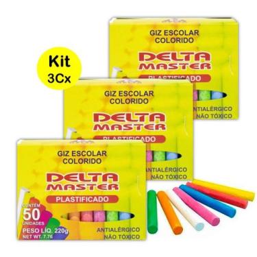 Imagem de Kit c/ 3Cx Giz Escolar Colorido Antialérgico Plastificado - Delta