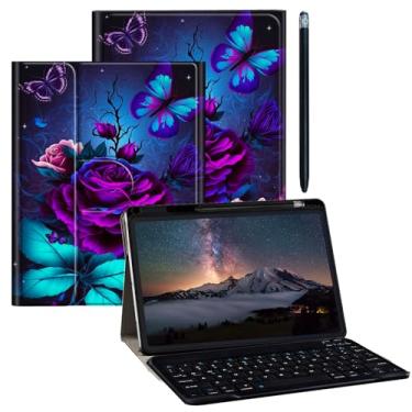 Imagem de BPQOJB Capa para Galaxy Tab A9 Plus com teclado sem fio destacável e suporte giratório de 360 graus para tablet Samsung Galaxy Tab A9 Plus 11 polegadas 2023 - rosa roxa e borboleta azul