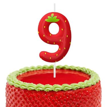 Imagem de Velas de aniversário de morango, decoração de topo de bolo de 6 cm, decorações de aniversário de velas número 9, decorações de bolo de festa de aniversário, suprimentos de festa