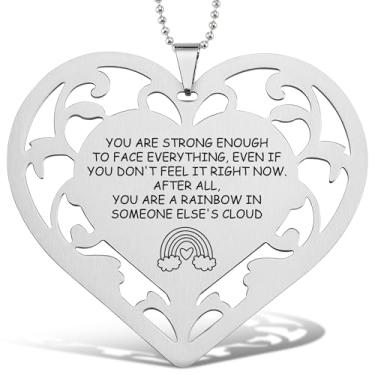 Imagem de Ornamento inspirador de coração com citação de arco-íris, decoração suspensa de aço inoxidável com gravação a laser, presente de incentivo para amigos, colegas de trabalho, professores, mesa