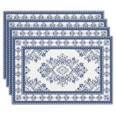 Imagem de Conjunto de 4 jogos americanos florais azuis, 30 x 45 cm, impermeável, lavável e resistente ao calor, jogo americano de mesa para jantar, restaurante, decoração de casa de fazenda, decoração de mesa