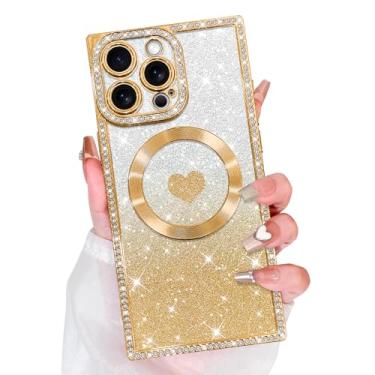 Imagem de Bonoma Glitter magnético para iPhone 15 Pro Max [compatível com MagSafe], capa retangular de luxo com estampa de coração de amor, proteção de câmera, capa traseira macia brilhante para mulheres e