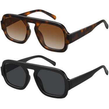 Imagem de WOWSUN Óculos de sol retrô aviador feminino 70s quadrados modernos óculos de sol, Pacote com 2: armação preta lente cinza + armação de tartaruga lente marrom, M