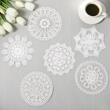 Imagem de 6 peças de toalhas de renda para mesas, toalhas de crochê brancas vintage de 15 cm, porta-copos de renda feitos à mão, decorações de mesa rústicas para cozinha, sala de jantar, festa, casamento