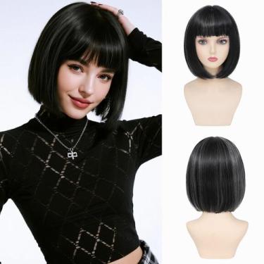 Imagem de Peruca, cabelo refinado, preto misto, cinza, Bob, 30 cm, sintético, fe
