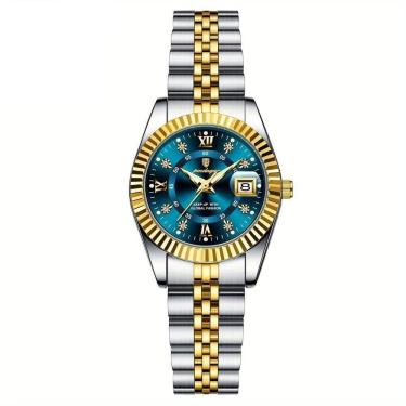 Imagem de Relógio Feminino Elegante Com Strass Em Aço Inoxidável De Quartzo Casual Azul Dourado