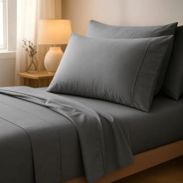 Imagem de Jogo de Cama Casal 400 Fios - Lençol com Elástico e Fronha Envelope, Conforto e Sofisticação(Cinza,Padrão 4 peças)