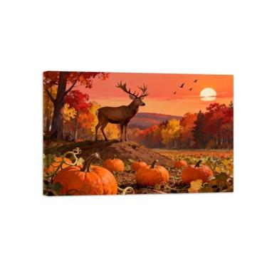 Imagem de Quadro arte parede outono-Árvore abóbora veado Impressões em tela paisagens-Pintura animais para decoração sala estar 20x30cm Tela Embrulhada