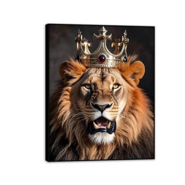 Imagem de Rei Leão com arte de parede em tela Imagens de Leão Poderoso Animais Selvagens Coroa Dourada Impressão Masculina Quarto Escritório Sala de Estar Decoração Pronto para Pendurar 90 x 70 cm (36 x 28 pol