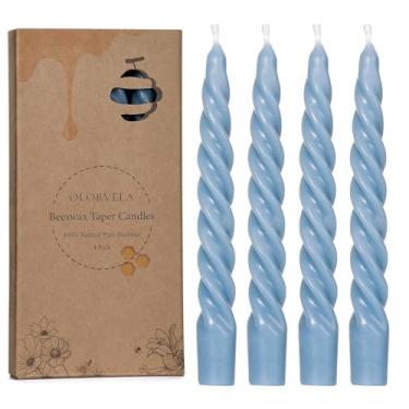 Imagem de Velas cônicas em espiral de cera de abelha natural azul claro, 18 cm, pacote com 4 velas afuniladas de cera de abelha pura, castiçais torcidos sem cheiro, sem fumaça, para decoração de Natal e jantar