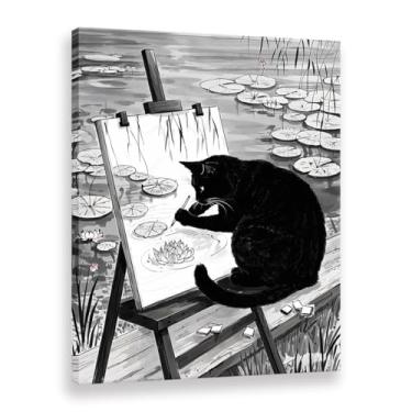 Imagem de CANLUNTE Impressão em tela de pintura de parede exclusiva de gato preto copiando a piscina dos nenúfares em um cavalete - Arte moderna (arte 13,3 cm x 91,4 cm emoldurada)