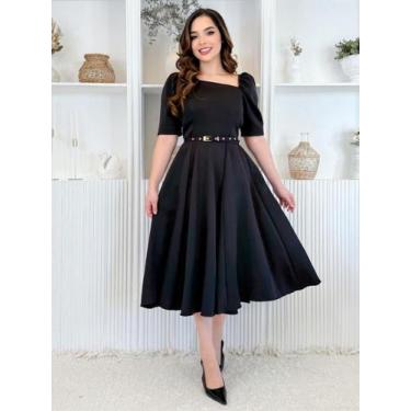 Imagem de Vestido Midi Social Elegante Decote Quadrado Assimétrico de Festa Conv