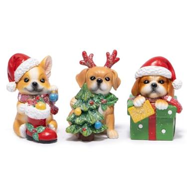 Imagem de Hodao Conjunto de 3 estatuetas de cachorrinho de Natal – Mini enfeites de cachorro de resina com chapéu de Papai Noel, caixa de presente e árvore, decoração de casa de mesa interna, estatuetas fofas