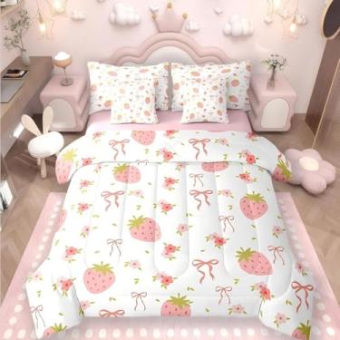 Imagem de Erosebridal Jogo de cama solteiro de 7 peças de morango rosa com laço, laço e laço kawaii, princesa sonhadora, feminino, boêmio, flores florais rosa para quarto