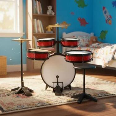 Imagem de Bateria Infantil C/ Chimbal Profissional Musical Mdf 72cm Vermelha - R