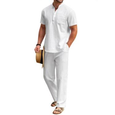 Imagem de Calça masculina de 2 peças COOFANDY de algodão e linho Henley