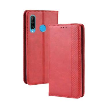 Imagem de Capa para Samsung Galaxy M30,Retro Flip magnético,Caso de telefone de couro PU,Design de carteira com 3 slots de cartão e 1 clipe de dinheiro -Red
