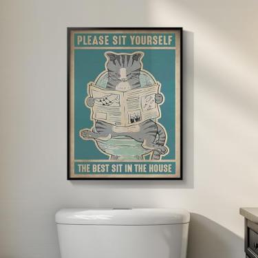 Imagem de Arte de parede emoldurada engraçada para banheiro, pintura impressa em tela de gato preto cinza e branco, leitura de gato vintage jornal no vaso sanitário, arte para decoração de parede de casa de