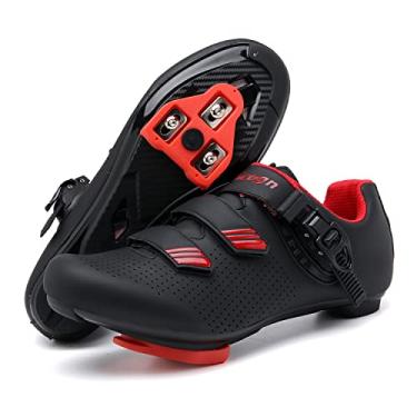 Imagem de Vicogn Tênis de ciclismo interno masculino e feminino compatível com bicicleta Peloton pré-instalado com Look Delta Cleats Outdoor Road Biking, Vermelho, 34/36 BR