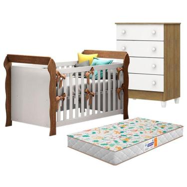 Imagem de Berço Americano Lara E Cômoda Gaveteiro Mel Flat Branco Acetinado Amadeirado Com Colchão Gazin