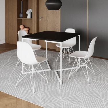 Imagem de Mesa Industrial Quadrada Jantar Preta 90Cm Base V Com 4 Cadeiras Brancas Ferro Branco Cor: Preto