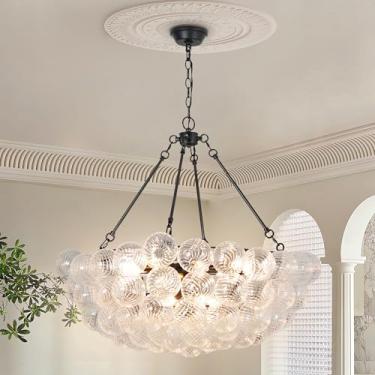 Imagem de Lzawvm Lustre De Vidro Bolha Preto, Grande, Redondo, Moderno, Pendente Globo, Para Sala Estar, Jantar, Entrada, Diâmetro 31,5", Abajur Listrado Transparente