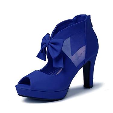 Imagem de GATUXUS Sandálias femininas de salto alto plataforma Open Toe com laços e tiras, Azul escuro, 6