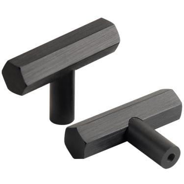 Imagem de funifiti Pacote com 8 puxadores de gavetas pretos foscos escovados, puxadores de cômoda em forma de T, puxadores e puxadores de armário de furo único para cozinha, haste hexagonal de liga de alumínio