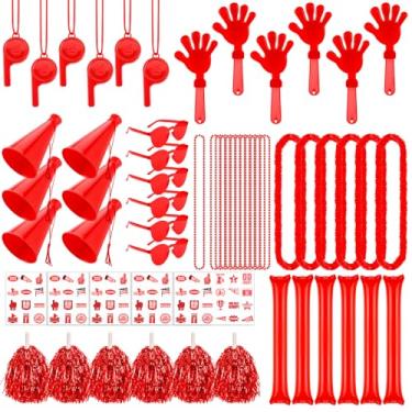Imagem de Soulchen 180 peças de acessórios de espírito de equipe de escola vermelho sortido dia do time palitos de trovão apitos de mão apitos megafone pompons de torcida óculos adesivo para eventos esportivos