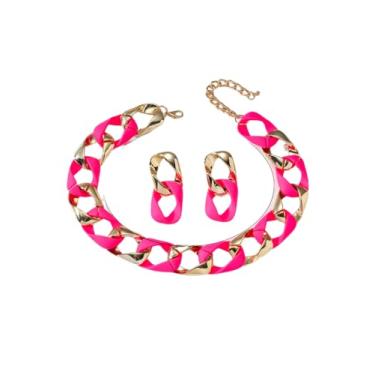 Imagem de Conjunto de brincos de colar de corrente grossa colorido punk grosso grosso cubano gargantilha colar acrílico moderno pingente brinco conjunto de joias para mulheres, Metal, Sem Pedra Preciosa