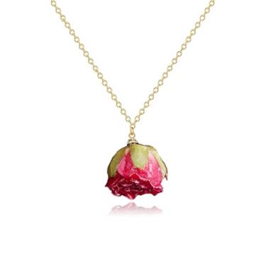 Imagem de RLHRNDE Colar feminino de flor de rosa natural delicado feito à mão com pingente de rosa vermelha e amarela para presente de aniversário para esposa e namorada, Medium, Flor, Zircônia cúbica