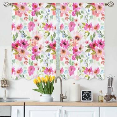 Imagem de Gpiaoyfo Cortinas de cozinha florais em aquarela primavera rosa roxo buquê natureza românticas cortinas de camada curta para banheiro, café, cortinas de janela pequenas, tratamento 2 painéis (27,5 x