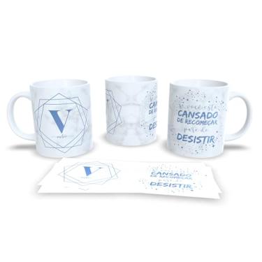 Imagem de Caneca de Cerâmica Personalizada com Monograma e Frase Motivacional, Mármore Branco e Azul, 325ml, Design Geométrico (v)
