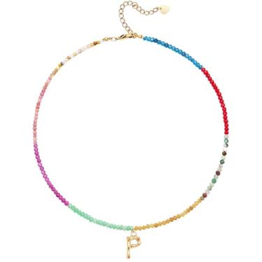 Imagem de MEVOME Colar feminino com contas com inicial de pedras, semipreciosas, boho, pedra semipreciosa, banhado a ouro 18 K, arco-íris, colorido, moderno, alfabeto, gargantilha delicada, joia feminina para