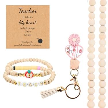 Imagem de Embtrem Pulseira de professor feminina pingente de maçã contas de madeira cordão para professores joias presente de agradecimento com cartão de agradecimento Natal feliz ano novo presentes, Large, Sem