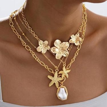 Imagem de Colares em camadas de ouro para mulheres, corrente grossa, flor de pérola, estrela-do-mar, pingente de joias, presente multifios, presentes de amizade para mulheres, presentes de Natal, Dia dos
