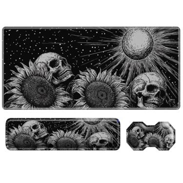 Imagem de Conjunto de 3 peças de mouse pad, caveira gótica, girassóis, mouse pad grande para jogos com borda costurada, suporte ergonômico de espuma de memória para o pulso e almofada de descanso de pulso do