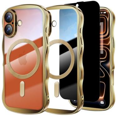 Imagem de Misscase Capa para iPhone 17 com protetor de tela de privacidade, compatível com MagSafe, linda moldura ondulada antiarranhões com protetor de lente de câmera, capa brilhante para iPhone 17 de 6,3