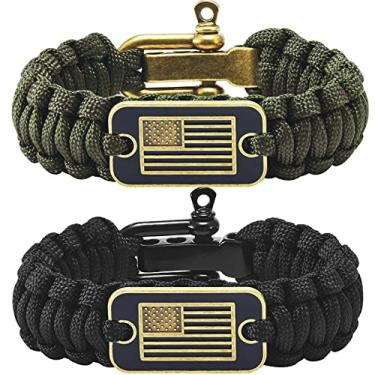 Imagem de Onewly Pulseiras Paracord com bandeira de bronze dos EUA - presentes para veteranos militares com pulseira de sobrevivência tática - Pulseras Para Hombres - Pulseiras para homens (preto + verde, M