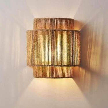 Imagem de Arandela de parede retrô para interiores, luminária de parede com cúpula de bambu natural, luminária de parede vintage de rattan, soquete E27, luminária rústica de bambu antiga para sala de