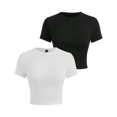 Imagem de Camisetas Cropped Femininas Y2K De Algodão Liso Com Manga Curta, Gola 