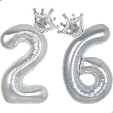 Imagem de 26 balões com números de 101,6 cm prata para decorações de aniversário de 26 anos para homens e mulheres, decoração de aniversário de 26 anos de Mylar gigante para ele e ela