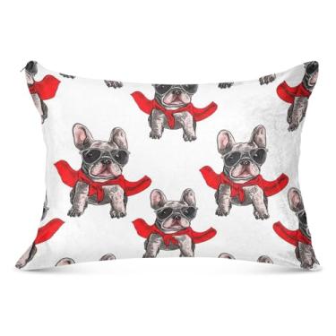 Imagem de Capa de travesseiro de flanela branca grande buldogue francês legal com zíper longo capa de travesseiro padrão King Queen capa de travesseiro de cama fofa, tamanho do corpo, 53 cm x 137 cm