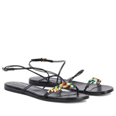 Imagem de MAIJED Sandálias rasteiras femininas de bico aberto com tiras e fivela no tornozelo com tira nas costas, sapatos rasos casuais para o verão na praia, Preto, 36