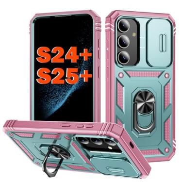 Imagem de PASNEW Capa para câmera Samsung Galaxy S25+ Plus/S24+ Plus e suporte de metal, armadura militar multicamadas resistente à prova de choque, capa rígida, 17 cm, verde e rosa