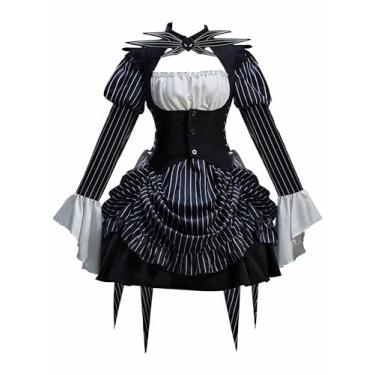 Imagem de MEOWCOS Vestido gótico evasê para cosplay de Halloween, manga comprida, vestido gótico skellington com espartilho e gravata