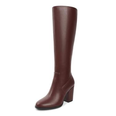 Imagem de Eldof Botas de cano alto femininas salto grosso, bico redondo, salto alto, cano alto, cano longo, botas de couro Gogo 8,5 cm, Borgonha, 37